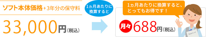 ソフト本体価格+3年分の保守料で33,000円（税込み）1ヵ月あたりに換算すると、月々688円（税込み）でとってもお得です！